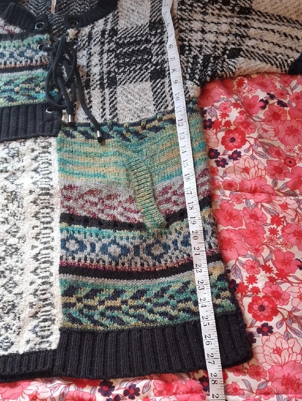 Free People Multi-Pattern Multi Color Patchwork Lace-Up Sweater Dress